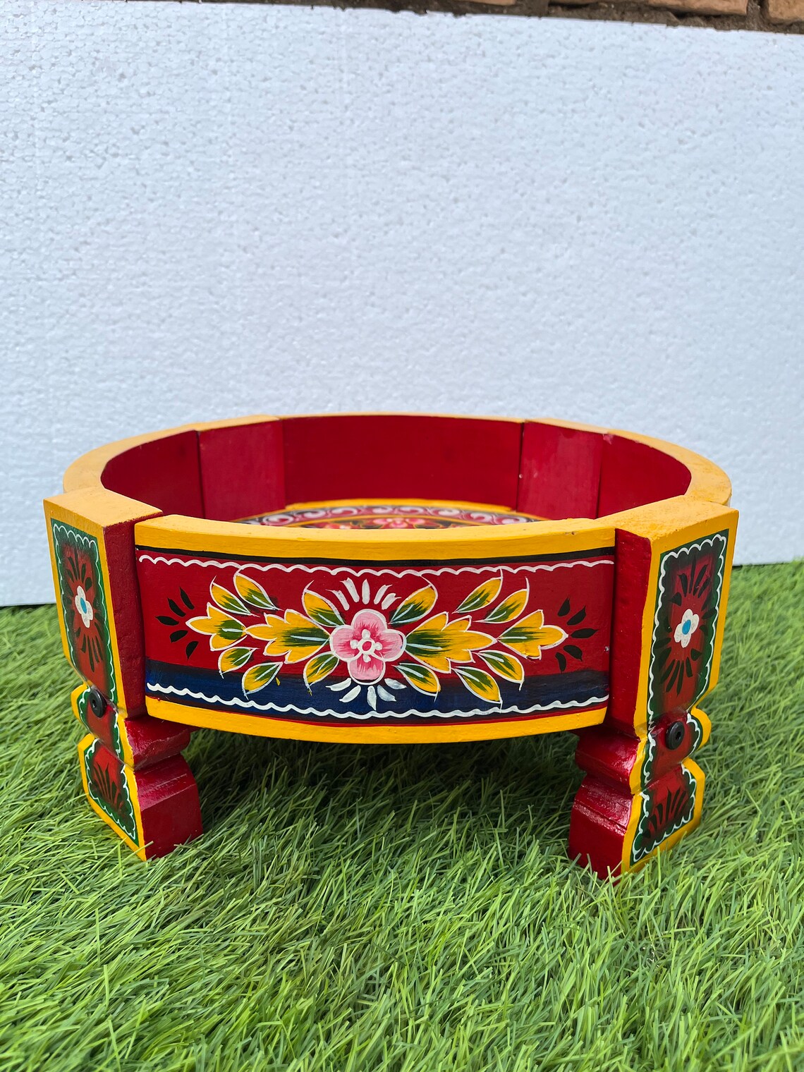 Wooden Round Mango Wood Painted Chakki Tablewood Mill Table Etsy