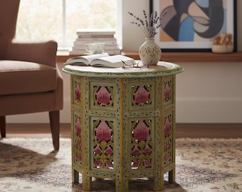 Indian Painted Round Coffee Table, Boho Folding Side Table
