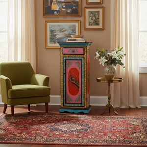Peacock Painted Tall Cabinet, Boho Indian Mango Wood Dresser image 8