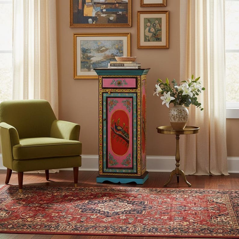 Peacock Painted Tall Cabinet, Boho Indian Mango Wood Dresser image 8