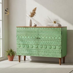 Aparador de madera de mango verde salvia, consola tallada estilo boho