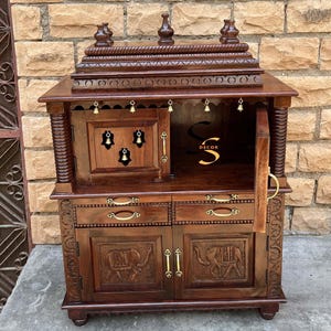 Handcrafted Sheesham Wood Temple: Indian Pooja Mandir with Brass Bells
