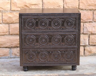 Wooden Black Color Polished Fully Carved Cabinet 3 Drawer,Home Decor Sofa Side Chest Drawer,Mango Wood Dresser