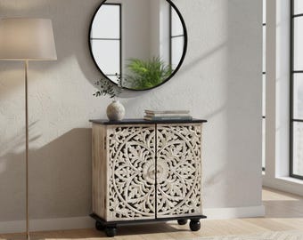 Mango Wood Bedside Cabinet, Hand-Carved Floral Storage Cabinet