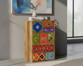 Handarbeit Mango Holz Kommode mit 9 Schubladen, indisch bemalt