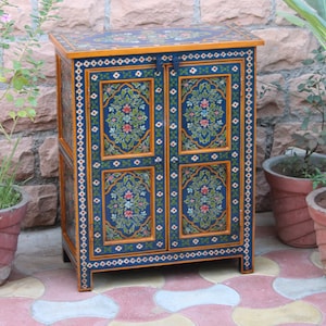 Wooden Bedside Table, Solid Wood Painted  Cabinet, Bedroom Furniture, Sideboard Indian Style Decor Art