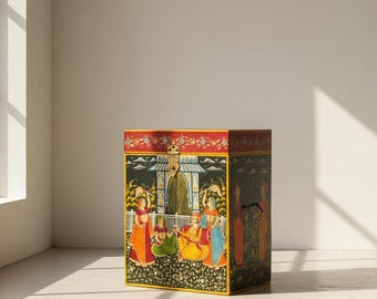 Baúl de madera artesanal, arcón de almacenamiento indio pintado, mesa auxiliar boho