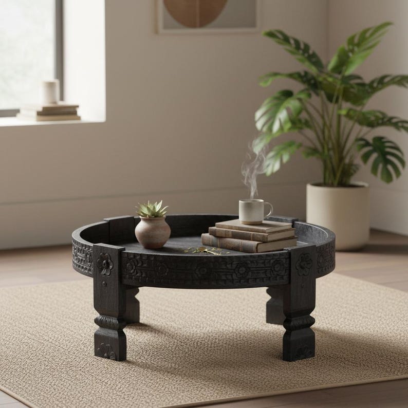 Black Wooden Chakki Table, Ethnic Coffee Table, Boho Decor - Etsy