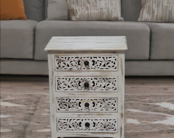 Wooden Carved 4 Drawer Bedside Table,White Distage Sofa Side Table,Polished Home Decor Cabinet