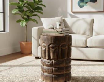 May include: A cylindrical wooden side table featuring hand-carved facial features around the exterior. The dark brown wood has a textured, natural finish. Three stacked books and a white ceramic mug are placed on the flat top surface.