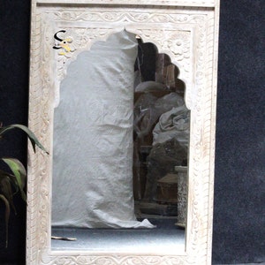 Wooden Mirror Frame With Glass | Wall Hanging And Floor Décor Glass Mirror With White Finish Frame | Solid Mango Wood Carved Glass Mirror