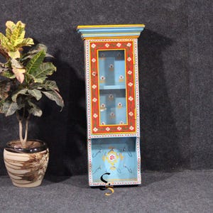 Mango Wood Painted Wall Hanging Key Stand | Display Cabinet with 6 Hooks | Mango Wood Wall Cabinet | Key Organizer | Wooden Key Holder