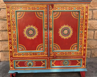 Painted Mango Wood Bedside Cabinet: Boho Indian Nightstand