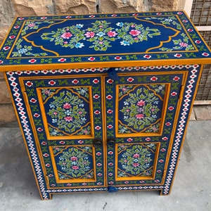 Wooden Painted Cupboard For Living Room Side.Mango Wood Painted By Indian Villagers,Rajasthani Blue Painted Furniture, Bedside Table image 2