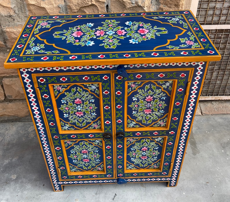 Wooden Painted Cupboard For Living Room Side.Mango Wood Painted By Indian Villagers,Rajasthani Blue Painted Furniture, Bedside Table image 2