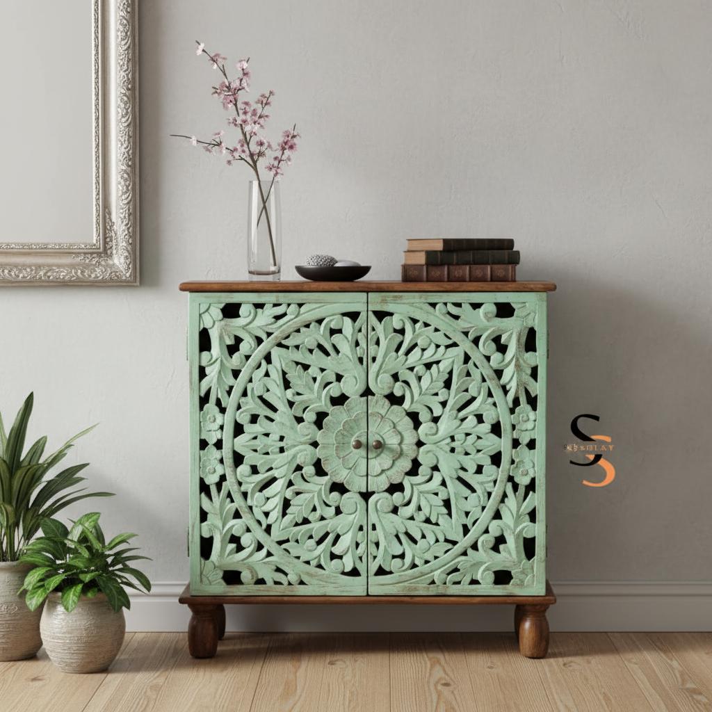 マンゴーウッド彫刻キャビネット、サガグリーンボヘミアンシックサイド