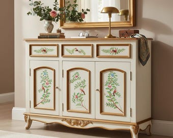 Hand-Painted Mango Wood Sideboard, Indian Art Console Cabinet