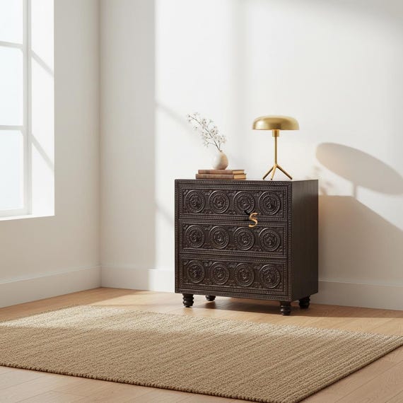 black boho dresser Mango Wood 3-drawer Dresser, Floral Carved Cabinet. Rustic Nightstand, Vintage Accent Cabinet, Home Decor Livingroom Enteryway Sheath V Neck Silver purotatto listing:fe74392b-f434-4fdf-aae2-5d85aa573774