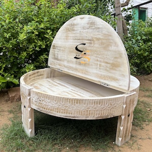 Wooden White Distage And Polished Round Chakki Table With Door,Indian Mango Wood Coffee Table For Home,Carved Mill Table