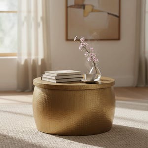 Mesa de centro de tambor de latón martillado, mesa de almacenaje estilo boho chic