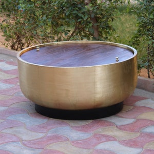 Wooden Mango Wood Brass Fitted Round Coffee Drum Table With Storage ,Side Table,Home Decor Furniture