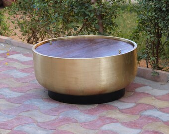 Wooden Mango Wood Brass Fitted Round Coffee Drum Table With Storage ,Side Table,Home Decor Furniture