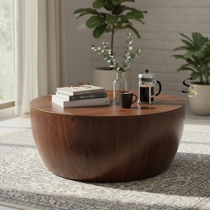 Handcrafted Mango Wood Drum Coffee Table, Polished Centerpiece
