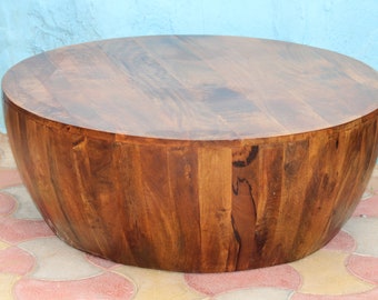 Wooden Solid Wood Natural Polished Drum Round Coffee Table,Dining Center Table,Cocktail Damru Table For Living room Furniture