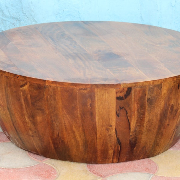 Wooden Solid Wood Natural Polished Drum Round Coffee Table,Dining Center Table,Cocktail Damru Table For Living room Furniture