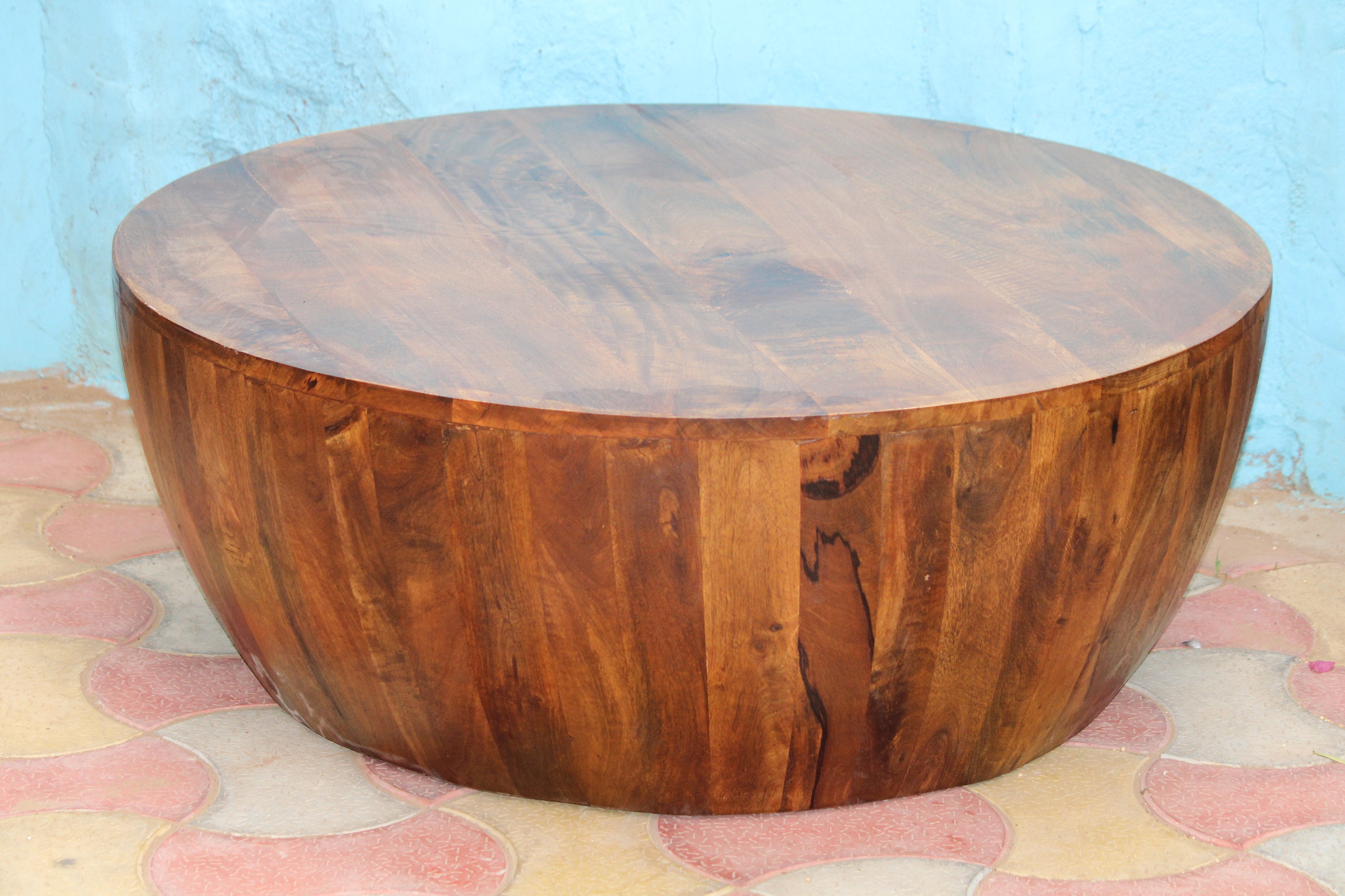 Indian Art Solid Wood Round Drum Coffee Table | Mango Wood Drum Cocktail Table in Natural Finish | Living Room Center Dining Table Décor