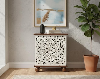 Carved Mango Wood Bedside Table: Compact Nightstand