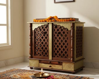 Handcrafted Wooden Pooja Mandir, Brass Bells, Indian Ethnic Wall Decor