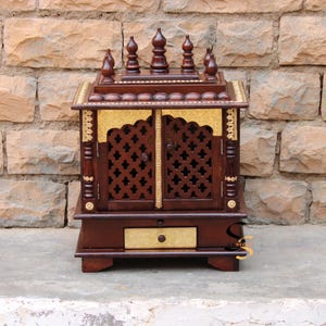 Wooden Wall Hanging Mandir | Dark Brown Brass Fitted Pooja Temple | Handcrafted Mango Wood Home Temple | Indian Pooja Ghar Décor Furniture