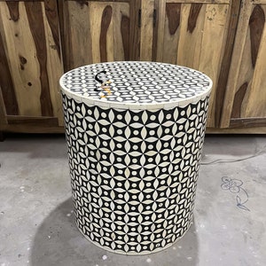 Indian Bone Inlay Coffee Table | Geometric Drum Center Table | Handcrafted Bone End Table | Unique Cocktail Table for Home & Office Décor