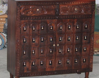 Solid Wood Dark Brown Polished Cabinet With Brass Bells,Home Decor Furniture,Indian 2 Drawer Bedside Cabinet