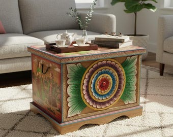 Coffre de rangement en bois de manguier peint, table basse indienne chic