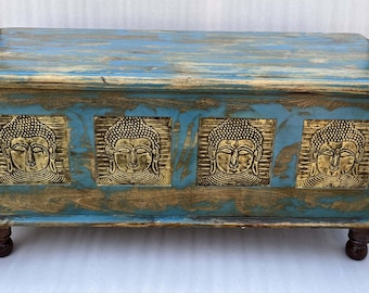 Wooden Distress Trunk Box | Handcrafted Mango Wood Coffee Table with Storage | Brass Fitted Buddha Blanket Chest | Natural Polished Trunk