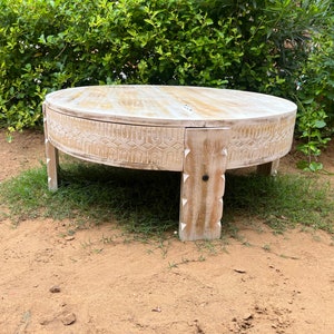 Wooden White Distage And Polished Round Chakki Table With Door,Indian Mango Wood Coffee Table For Home,Carved Mill Table