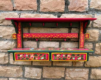 Wooden Painted Red Indian Wall Hanging Chest And Key Holder For Wall Decor,Livingroom Furniture,Hand Painted Furniture