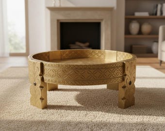 Mesa de centro Chakki de madera de mango, decoración boho con incrustaciones de latón