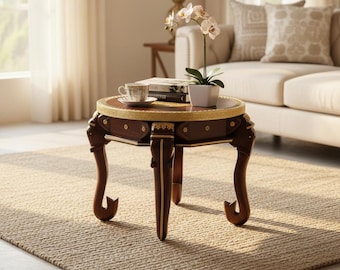 Mango Wood Coffee Table, Round Indian Chic Table with Brass Elephant Detail Handcrafted Wooden Elephant Leg Stool | Brass pooja table