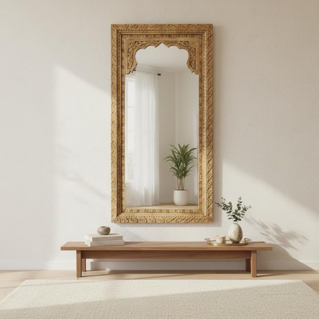 鏡家具 職人さん木製の大きな壁掛け式 carved wooden mirror Mango Wood Full Length Mirror Frame, Mughal Art Carved Wall Decor