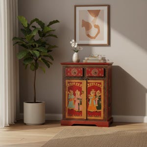 Handcrafted Mango Wood Side Table: Indian Art Painted Cabinet