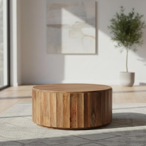 Salontafel van mangohout in trommelvorm, massief houten ronde salontafel met gegroefde rand | Moderne salontafel van lattenhout in trommelvorm | Rustieke woonkamertafel