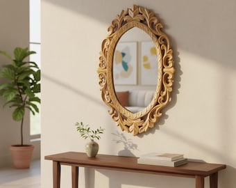 Carved Mango Wood Oval Wall Mirror, Natural Polish