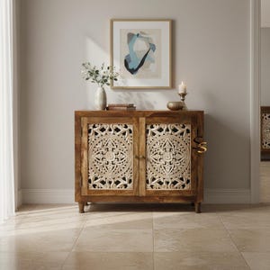 Hand-Carved Mango Wood Console Cabinet, Ethnic Floral Sideboard