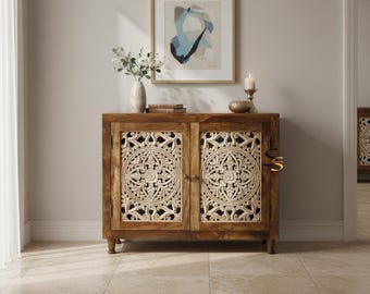 花柄曼荼羅彫刻木製サイドボード：Boohoo アクセントキャビネット