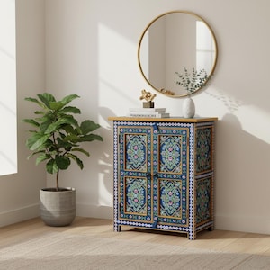 Floral Painted Mango Wood Cabinet, Indian Boho Nightstand