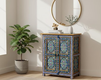 Floral Painted Mango Wood Cabinet, Indian Boho Nightstand