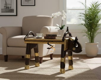 Mango Wood Elephant Table, Brass Detail, Boho Accent Decor